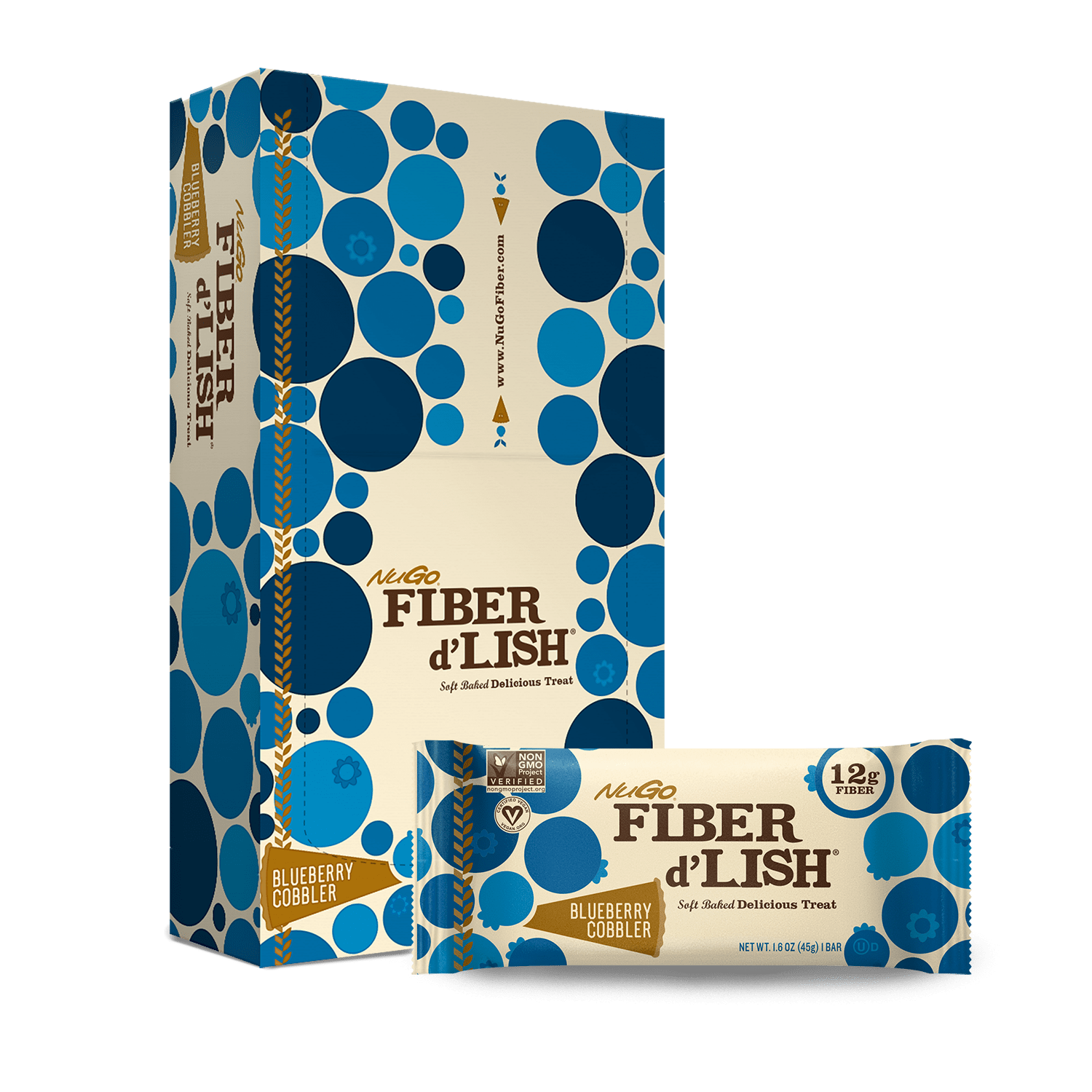 NuGo Fiber d'Lish Blueberry Cobbler Bar and Box