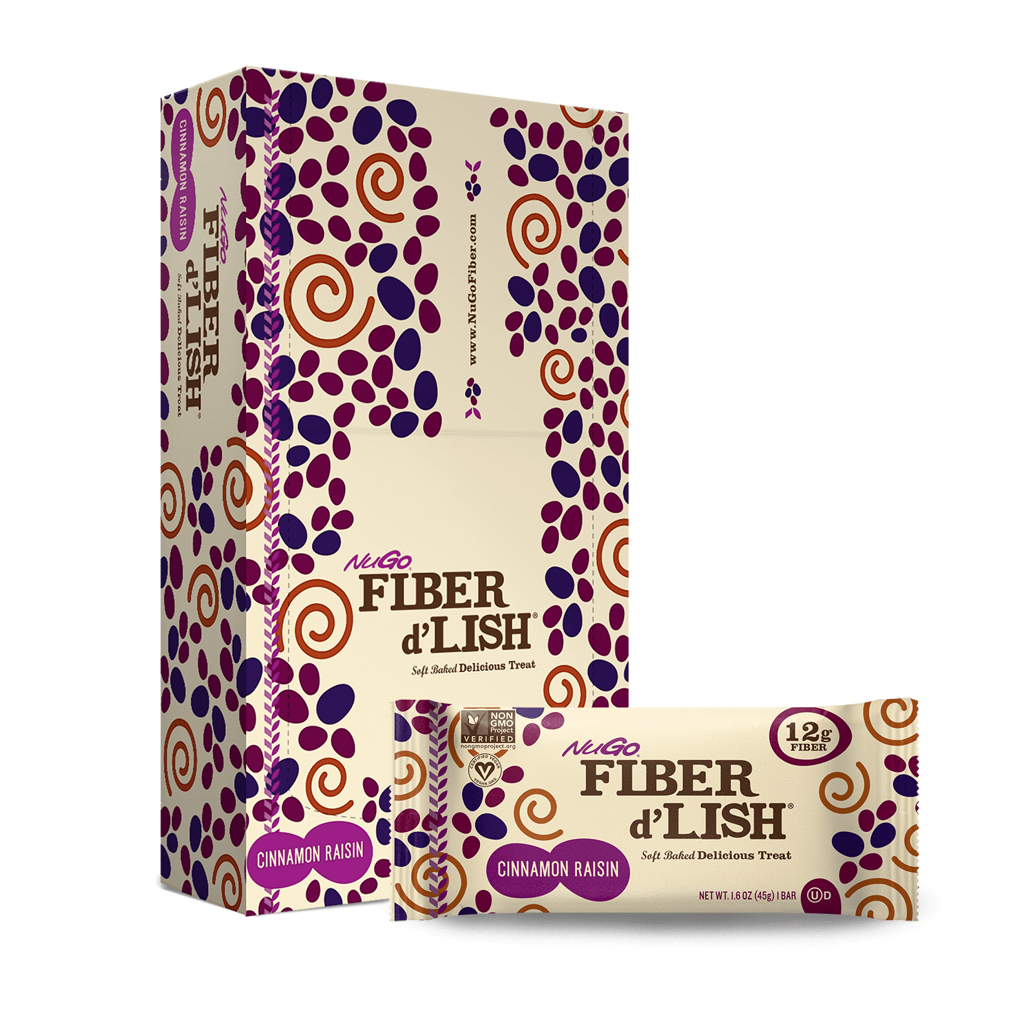 NuGo Fiber d'Lish Cinnamon Raisin Bar and Box