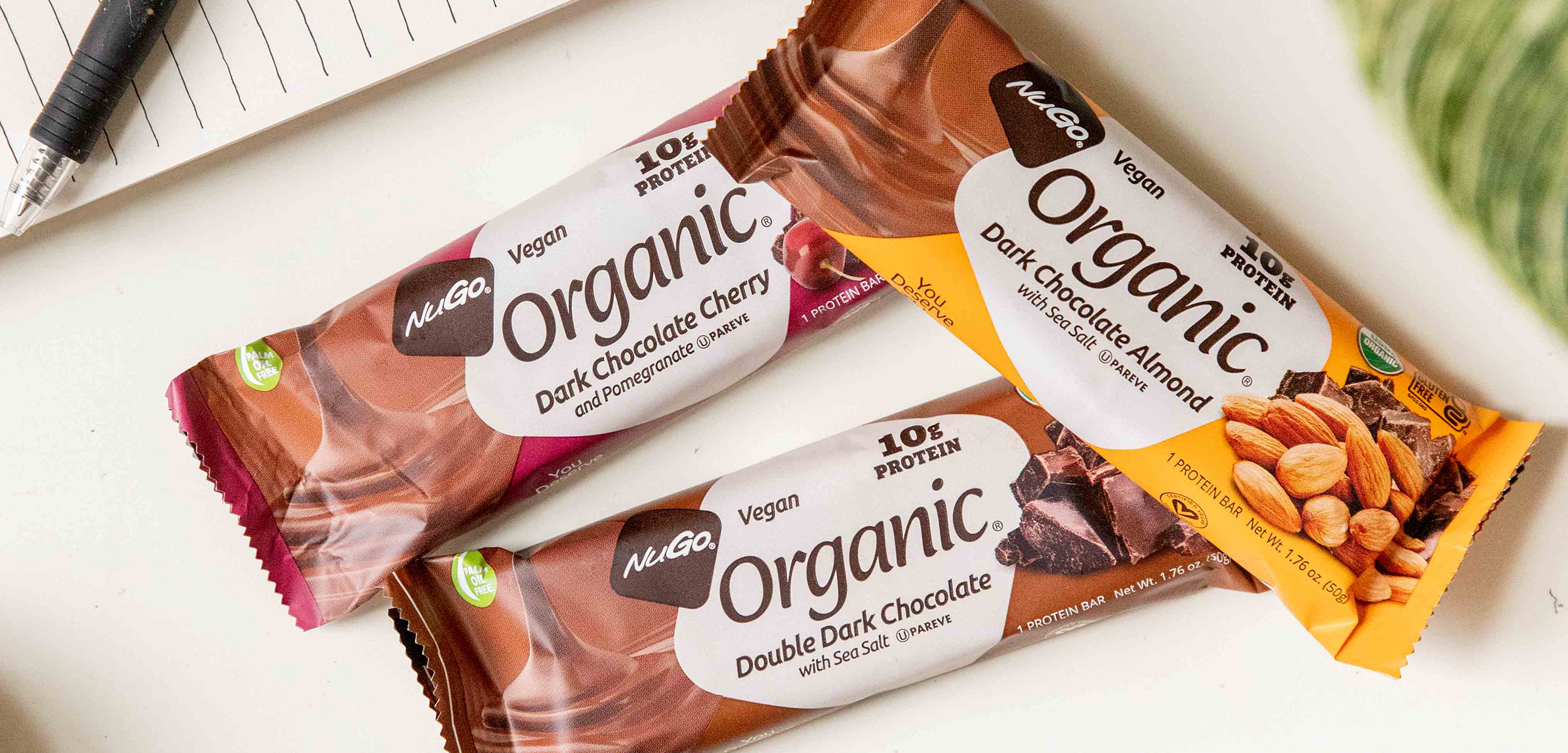 Three flavors of NuGo Organic on Counter