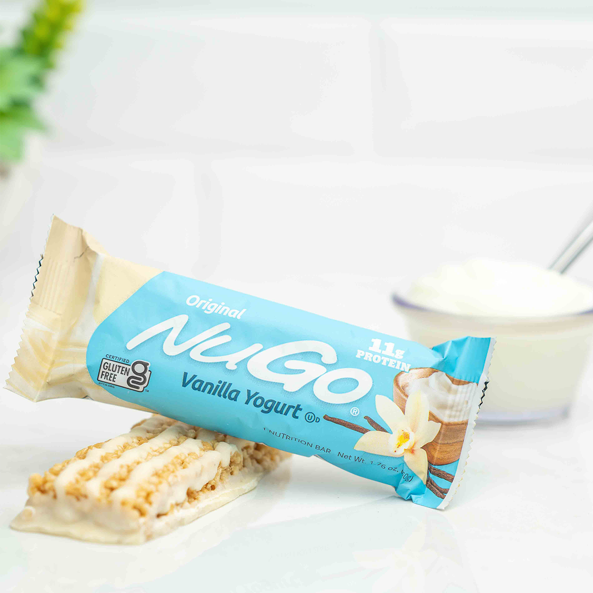 2 NuGo Original Vanilla Yogurt bars one wrapper and one unwrapped