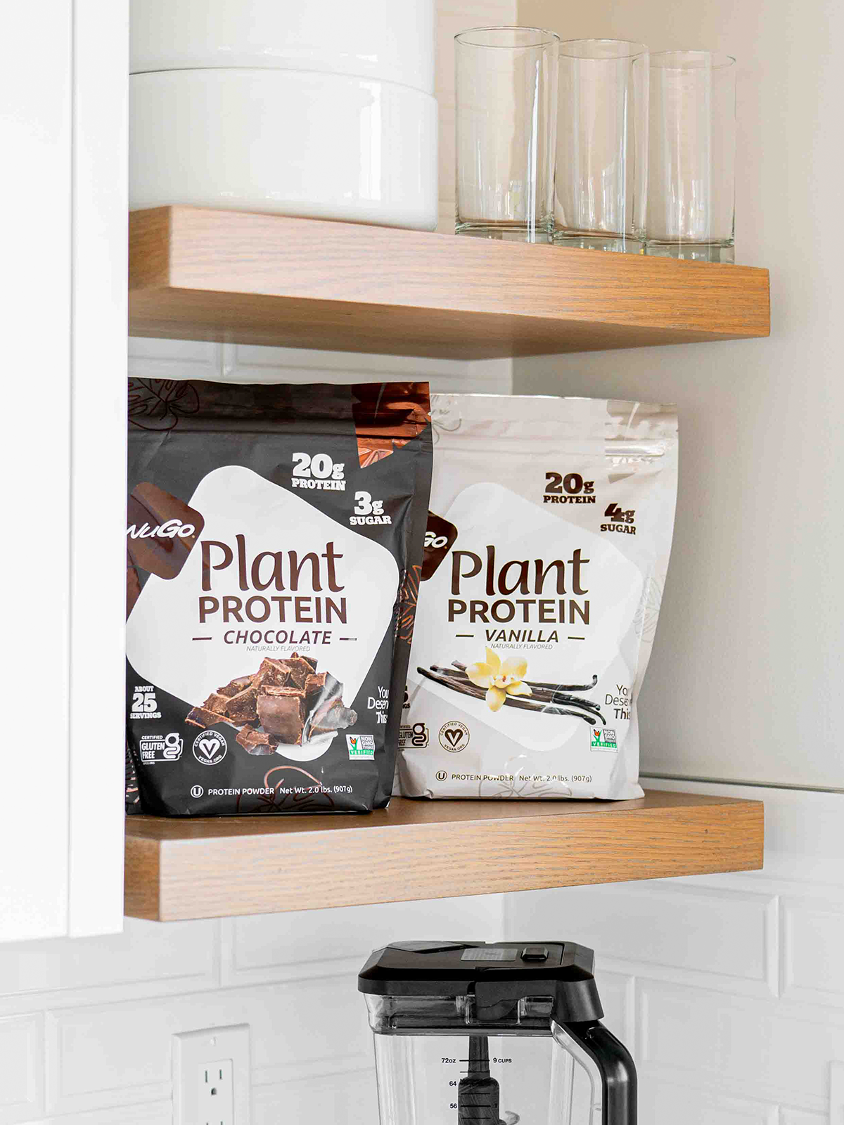 A bag of Chocolate and a bag of Vanilla Protein Powder on woooden shelf
