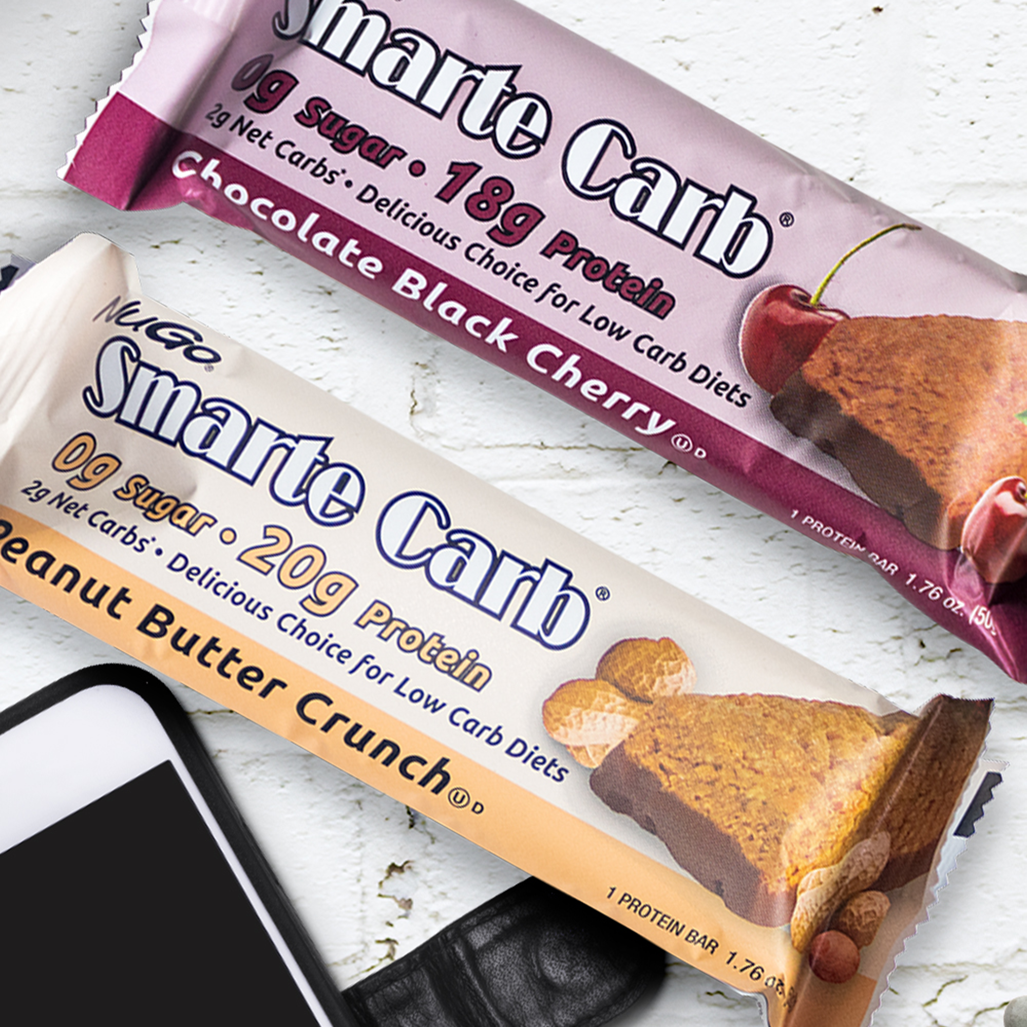Smarte Carb Chocolate Black Cherry and Peanut Butter Crunch bars close up