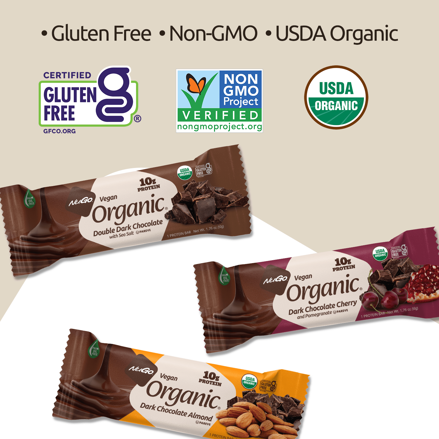 Gluten Free, No-GMO and USDA Certified Organic Text Image