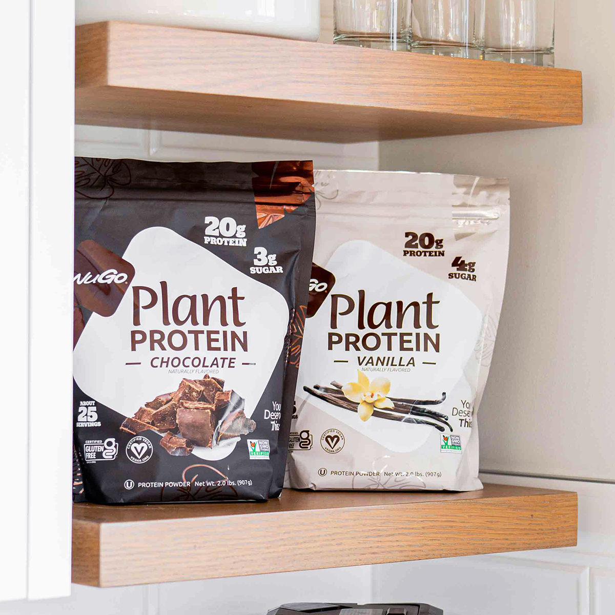 Close up of NuGo Protein Powder Chocoalte and Vanilla on Shelf