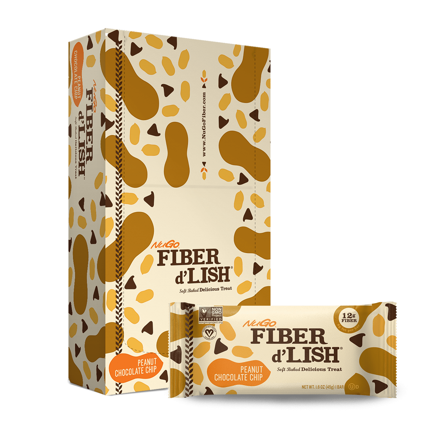NuGo Fiber d'Lish Peanut Chocolate Chip Bar and Box