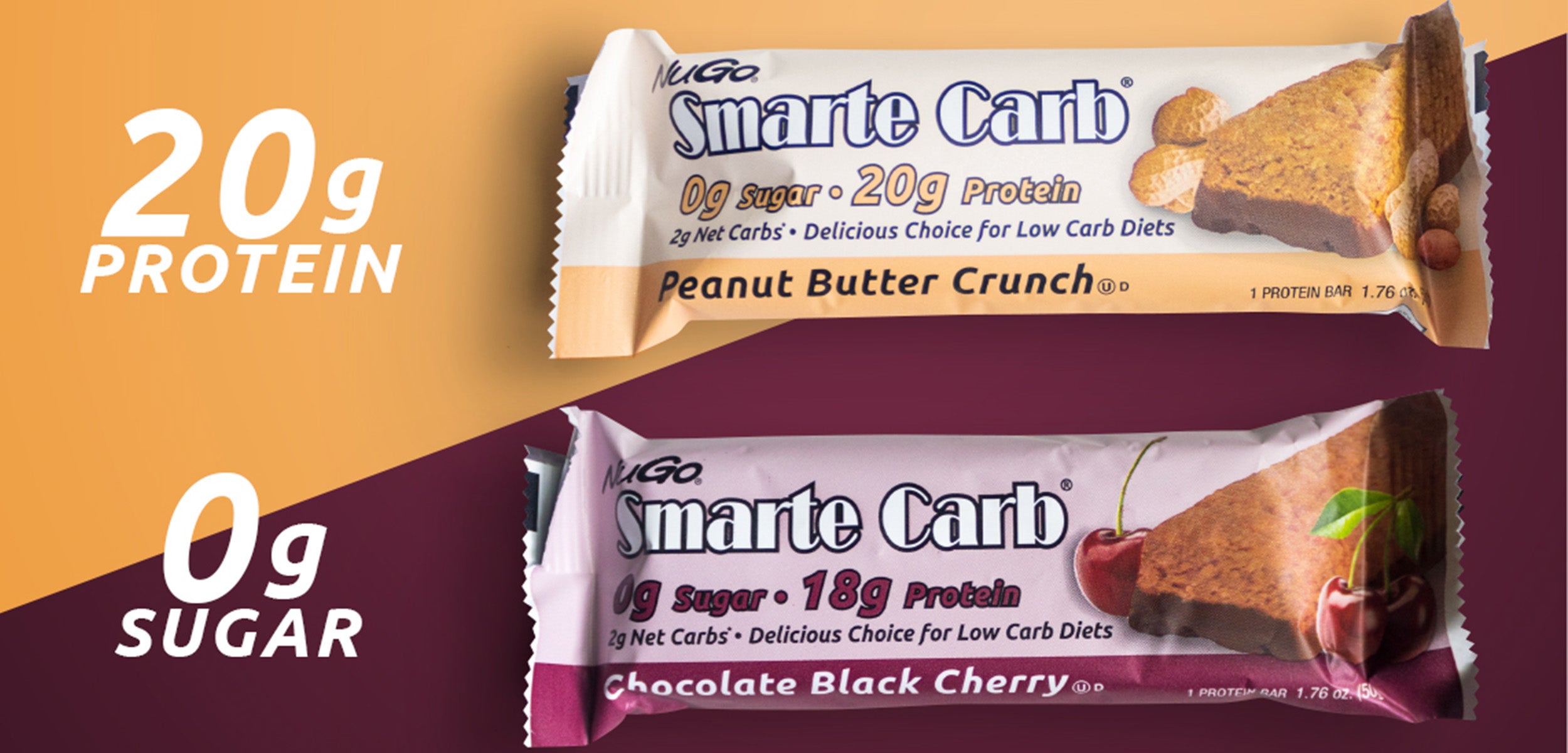 2 Flavors of Smarte Carb next to text 20g Protein and 0g Sugar